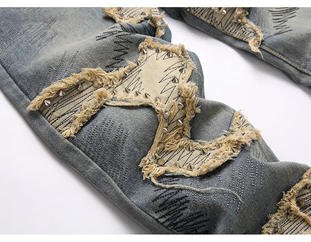 VALIFIED BEIGE SPIKED FLARED JEANS